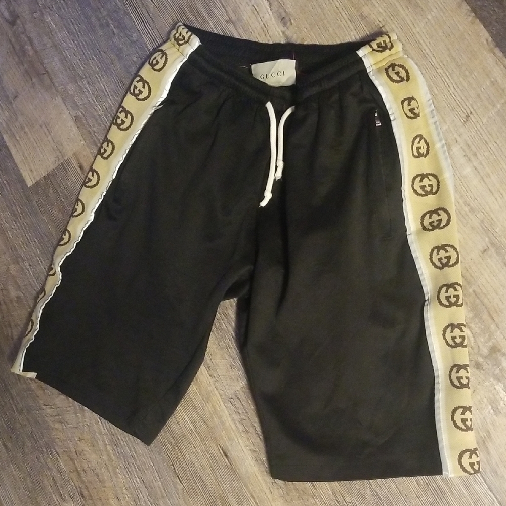 Gucci Small Men Technical Jersey Black Shorts Monogram GG Brown Reflective Trim